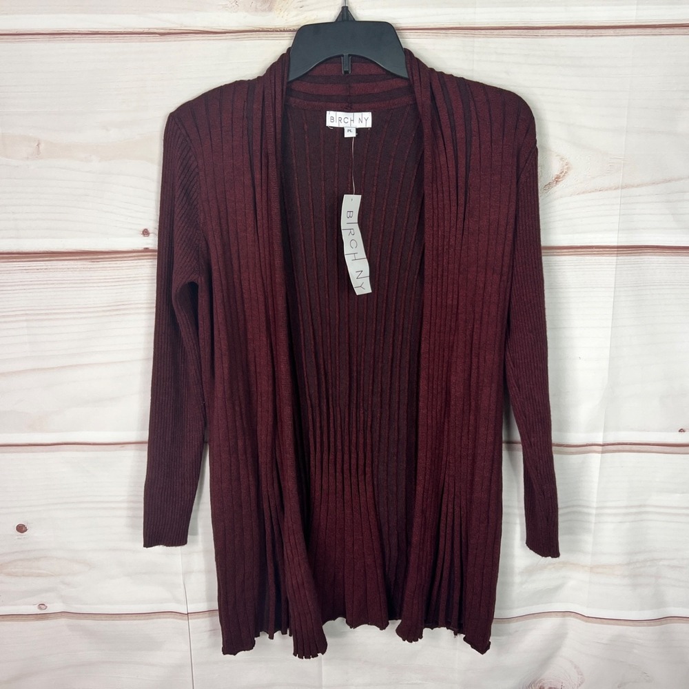 Birch NY Sweater Women Petite PL Red Ribbed Knit Open Front Cardigan Long Sleeve